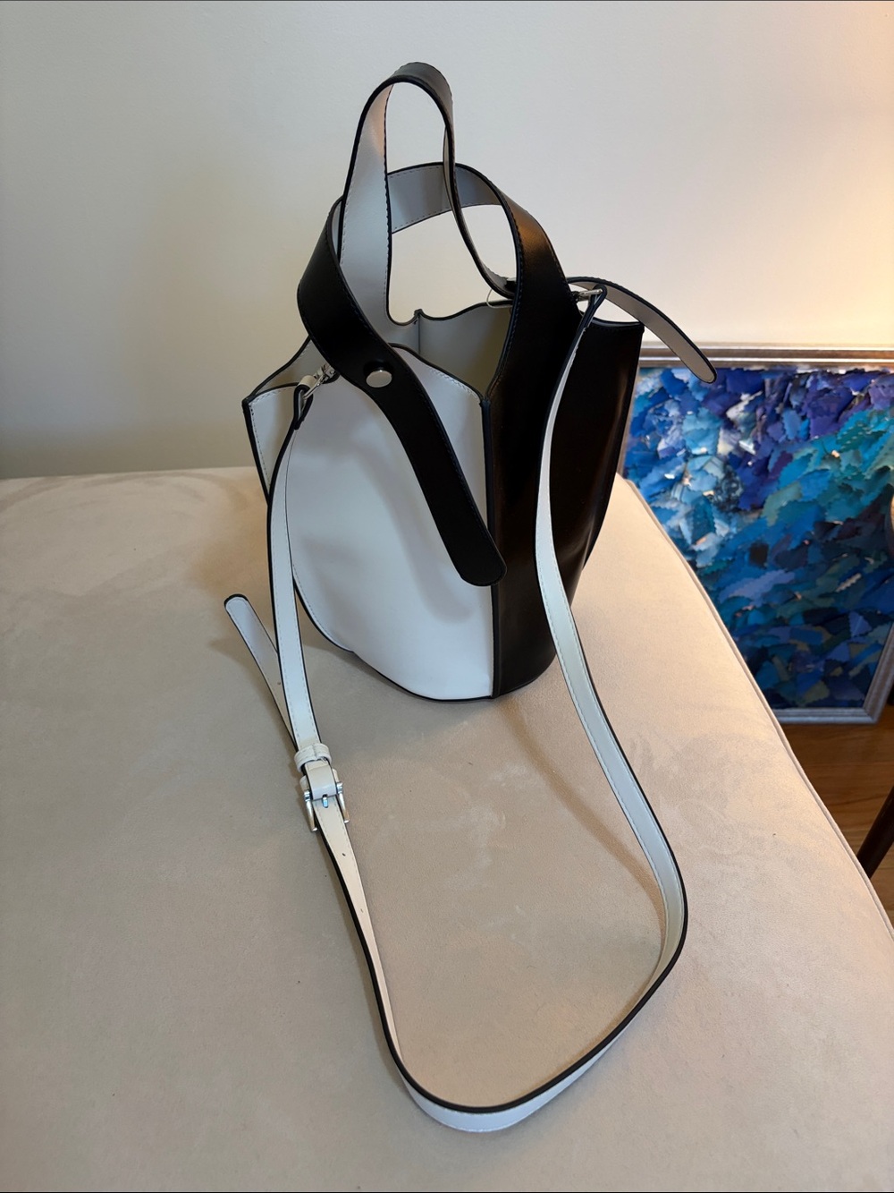 Black & White Two-Tone Leather Bucket Bag
